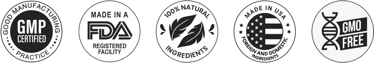 GlucoBerry certifications — Made in USA, GMP Certified, FDA Registered, 100% Natural, Non-GMO