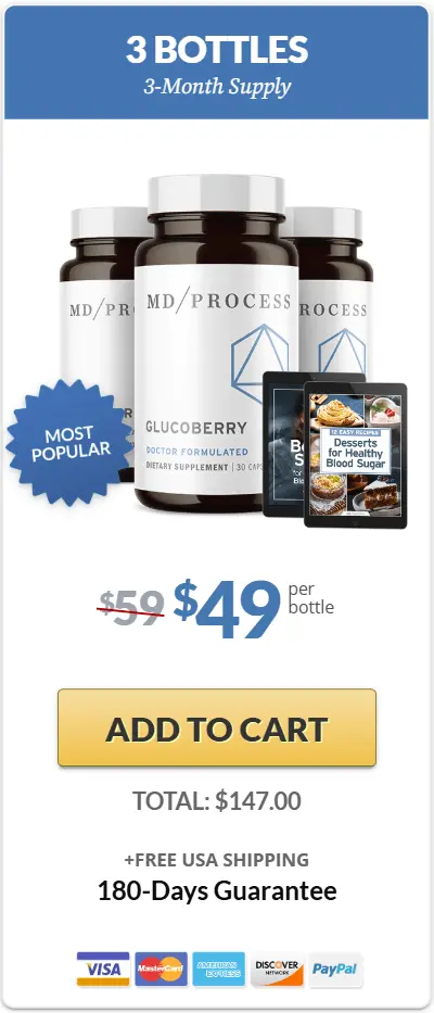 Buy GlucoBerry 3 bottles — 90 day supply glucose support supplement, $49 per bottle